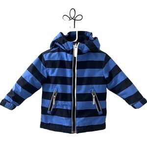 Hanna Andersson Boys Blue Striped Sherpa Lined Waterproof Hooded Zip Jacket Sz 2